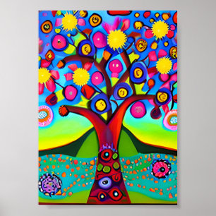 Colourful Folk Art Style Tree   Poster