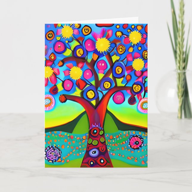 Colourful Folk Art Style Tree | Thinking of You Card (Front)