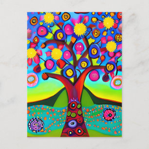 Colourful Folk Art Style Tree Thinking of You Postcard