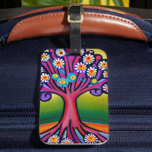 Colourful Folk Art Style Whimsical Tree   Luggage Tag