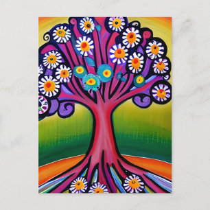 Colourful Folk Art Style Whimsical Tree Postcard