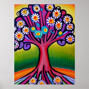 Colourful Folk Art Style Whimsical Tree   Poster