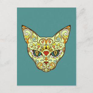 Colourful Folk Art Sugar Skull Magical Cat Postcard
