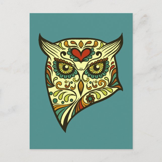 Colourful Folk Art Sugar Skull Magical Owl Postcard (Front)