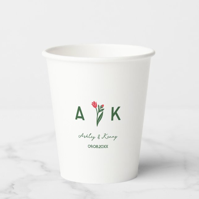 Colourful Folk Art Wildflower Monogram Wedding Paper Cups (Front)