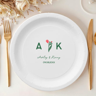 Colourful Folk Art Wildflower Monogram Wedding Paper Plate