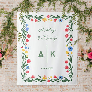 Colourful Folk Art Wildflower Monogram Wedding Tapestry