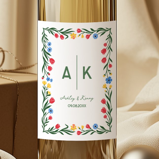 Colourful Folk Art Wildflower Monogram Wedding Wine Label (Creator Uploaded)