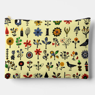 Colourful folk floral and birds accessory pouch