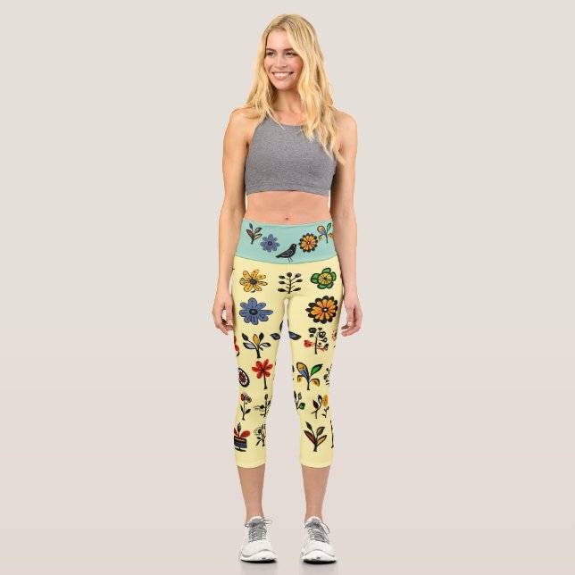 Colourful folk floral and birds capri leggings (Front)