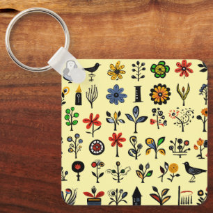 Colourful folk floral and birds key ring