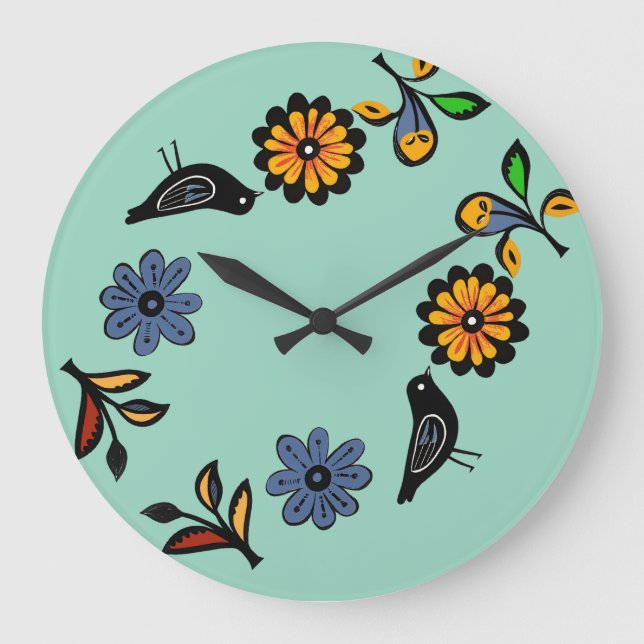 Colourful folk floral and birds large clock (Front)