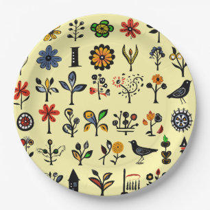 Colourful folk floral and birds paper plate