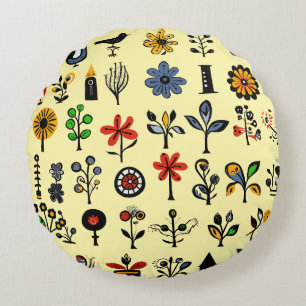 Colourful folk floral and birds round cushion