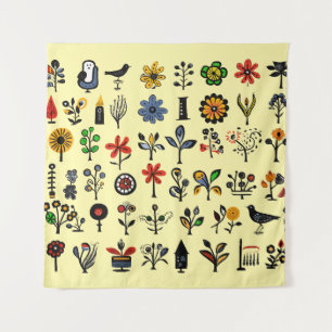 Colourful folk floral and birds tapestry