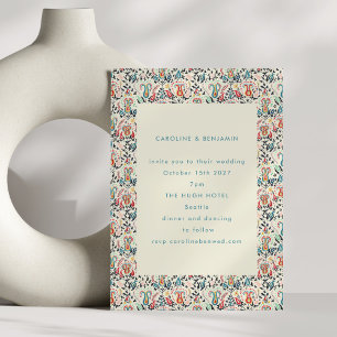 Colourful Folk Floral Border Boho Red Blue Wedding Invitation