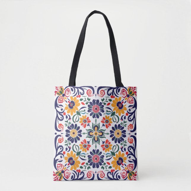 Colourful Folk Floral Pattern Tote Bag | Vibrant H (Front)