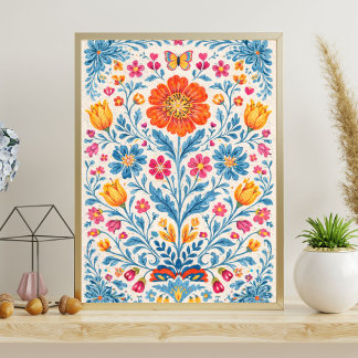 Colourful Folk Floral Pattern with Butterfly Poster