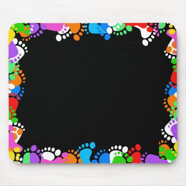Colourful Footprints on black Mouse Mat (Front)