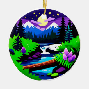 Colourful Forest Landscape With Moonlit Stream Ceramic Tree Decoration