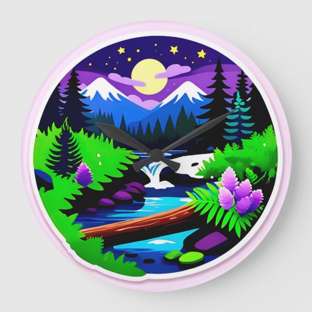 Colourful Forest Landscape With Moonlit Stream Large Clock (Front)