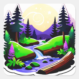 Colourful Forest Landscape With Moonlit Stream Square Sticker