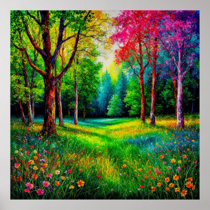 Colourful Forest Landscape With Vibrant Trees Poster