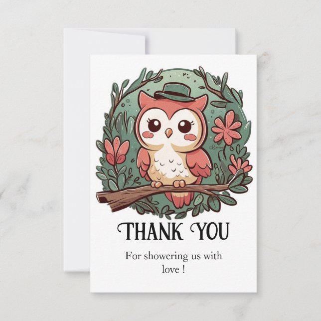 Colourful Forest Owl Baby Shower Thank You Card (Front)