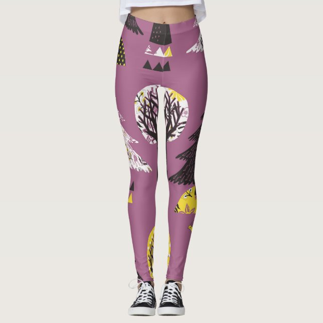 Colourful forest with birds, seamless tile. leggings (Front)