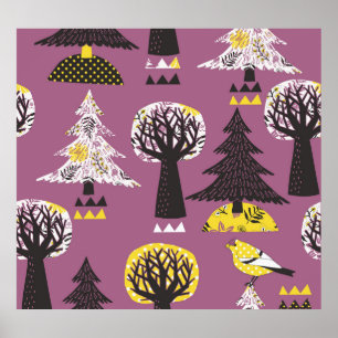 Colourful forest with birds, seamless tile. poster