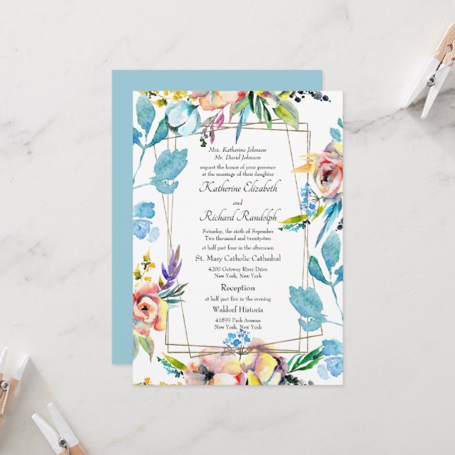 Colourful Formal Floral Divorced Parents Wedding I Invitation (Front/Back In Situ)