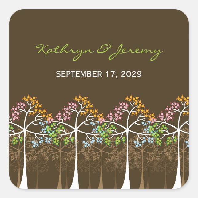 Colourful Four Seasons Trees Modern Wedding Sticke Square Sticker (Front)