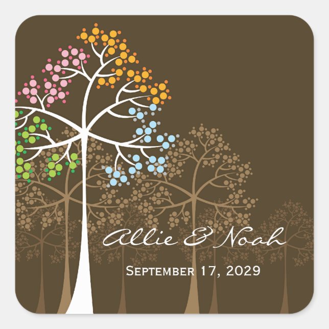 Colourful Four Seasons Trees Modern Wedding Sticke Square Sticker (Front)