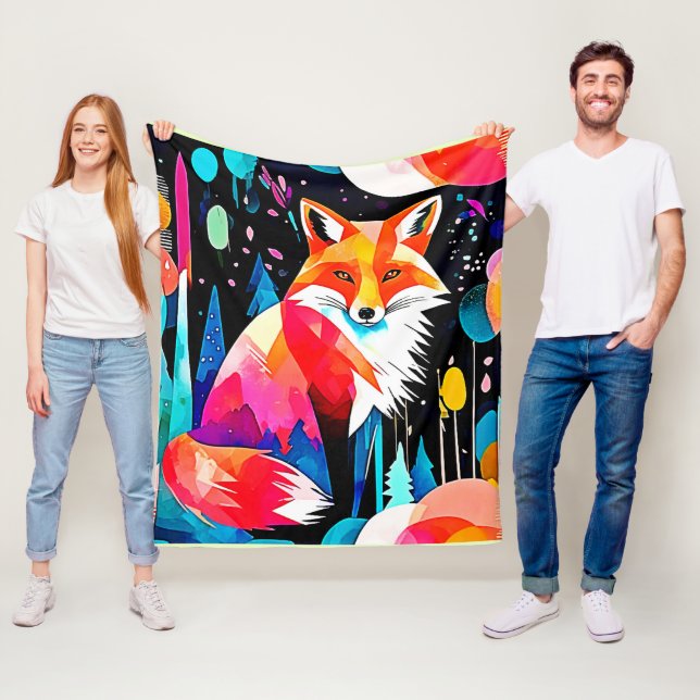 Colourful Fox Abstract Art Fleece Blanket (In Situ)