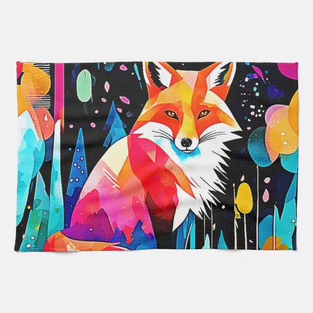 Colourful Fox Abstract Art Tea Towel (Horizontal)
