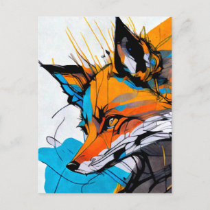 Colourful Fox blue white orange on the hunt  5x7” Postcard