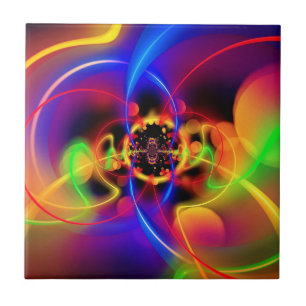 Colourful Fractal Neon Light Waves Ceramic Tile