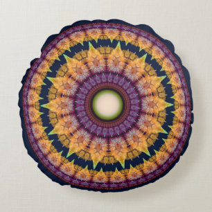 Colourful fractal orange blue mandala round cushion