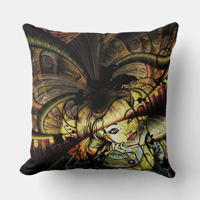 Colourful Fractal With Floral Girl Cushion (Front)