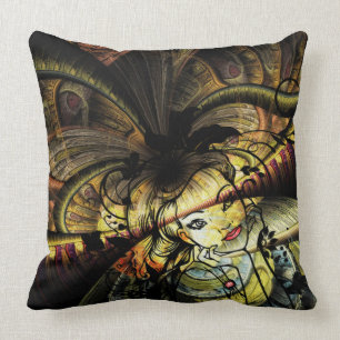 Colourful Fractal With Floral Girl Cushion