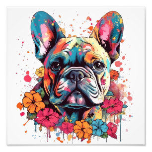 Colourful French-bulldog with flowers Photo Print