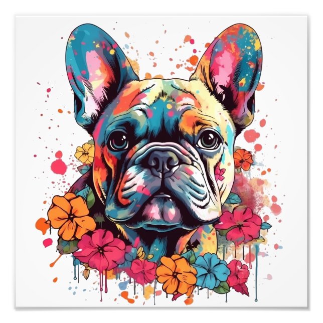 Colourful French-bulldog with flowers Photo Print (Front)