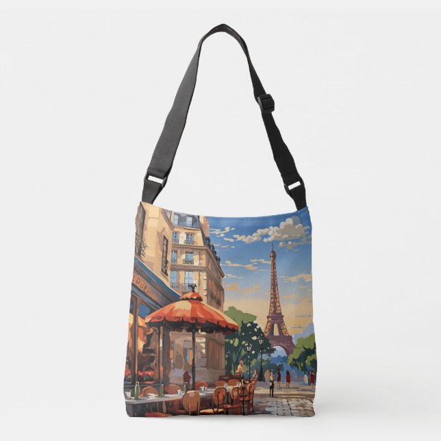 Colourful French Cafe Eifel Tower Paris France Crossbody Bag (Front)