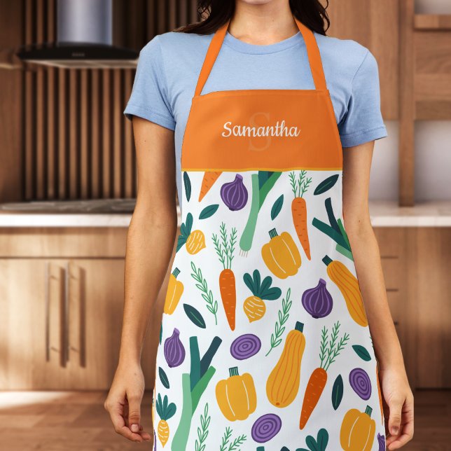 Colourful Fresh Vegetable Pattern with Name Orange Apron (Creator Uploaded)