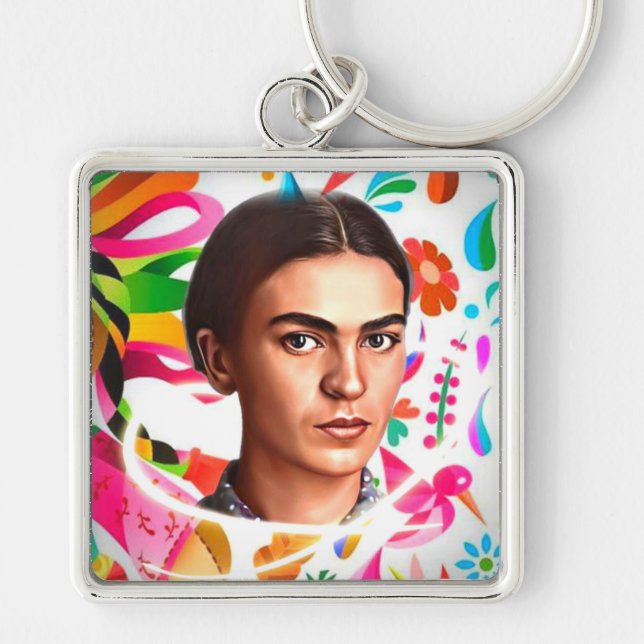 Colourful Frida Kahlo Cartoon Flower Pattern Key Ring (Front)
