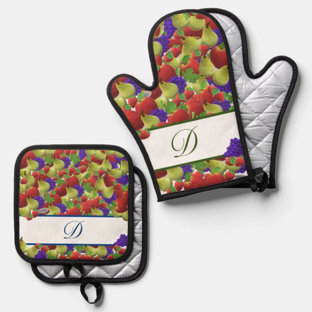 Colourful Fruit Monogram Polka-Dot Oven Mitt & Pot Holder Set (Front/Back)