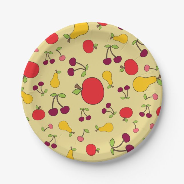 Colourful Fruit Pattern Apples Cherries and Pears  Paper Plate (Front)