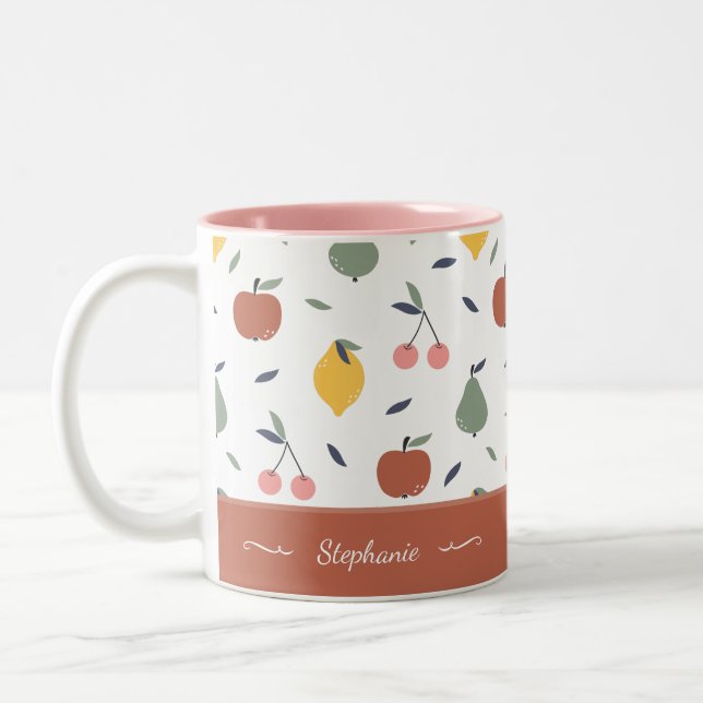 Colourful Fruit Pattern First Name Red Kitchen Two-Tone Coffee Mug (Left)