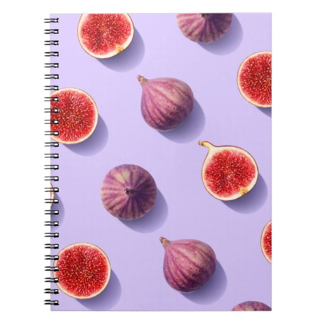 Colourful fruit pattern of fresh figs on purple pa notebook (Front)
