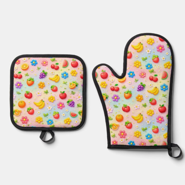 Colourful Fruit Pattern With Flowers and Fruits Oven Mitt & Pot Holder Set (Front)